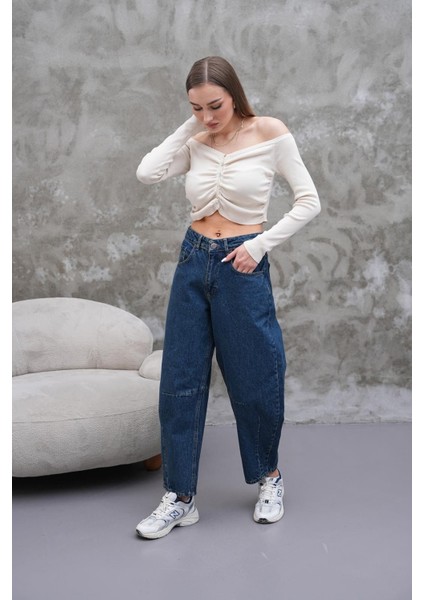 Mom Jean Yüksek Bel Bol Kesim Paça Pileli Esnek Kot Pantolon Lacivert