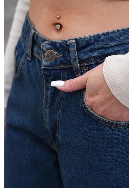 Mom Jean Yüksek Bel Bol Kesim Paça Pileli Esnek Kot Pantolon Lacivert