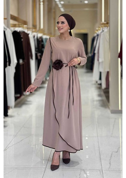 Gül Detaylı Elbise 3976 Vizon