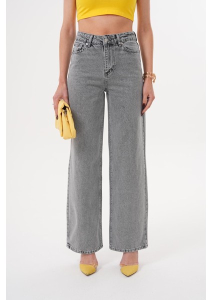 Kadın Palazzo Salaş Paça Süper Yüksek Bel Jean Pantolon Füme