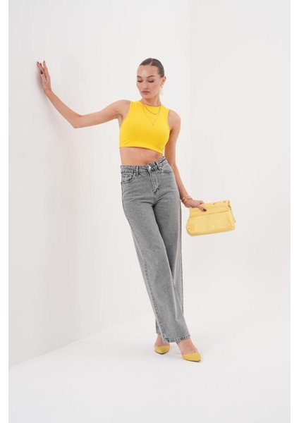 Kadın Palazzo Salaş Paça Süper Yüksek Bel Jean Pantolon Füme