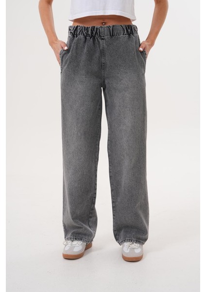 Kadın Salaş Paça Yüksek Lastikli Bel Jean Pantolon Antrasit