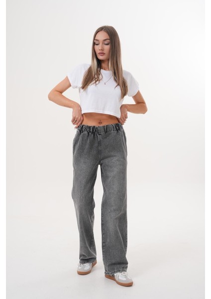 Kadın Salaş Paça Yüksek Lastikli Bel Jean Pantolon Antrasit fiyatları