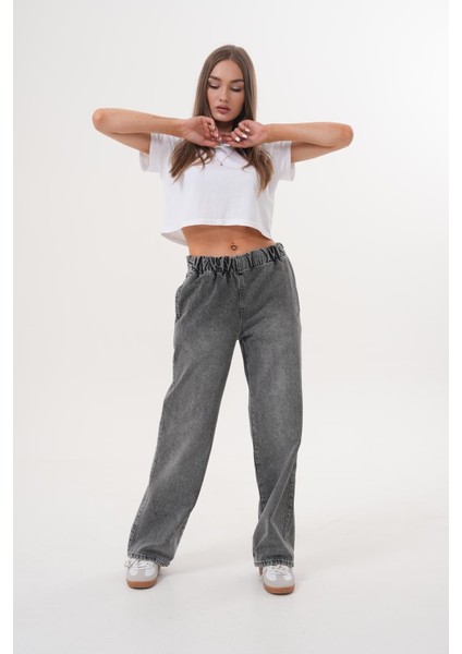Kadın Salaş Paça Yüksek Lastikli Bel Jean Pantolon Antrasit modelleri