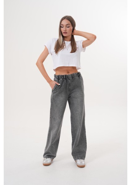 Kadın Salaş Paça Yüksek Lastikli Bel Jean Pantolon Antrasit fırsatları