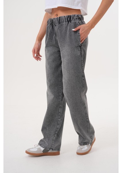Kadın Salaş Paça Yüksek Lastikli Bel Jean Pantolon Antrasit