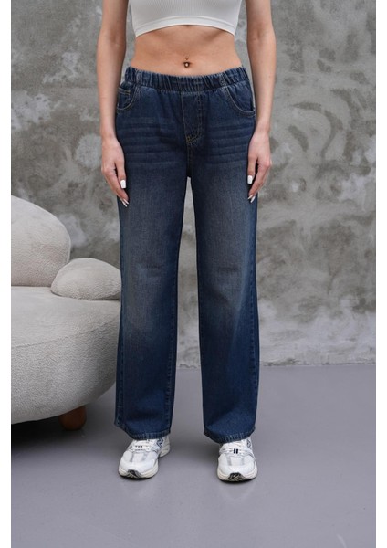 Kadın Salaş Paça Yüksek Lastikli Bel Jean Pantolon Lacivert