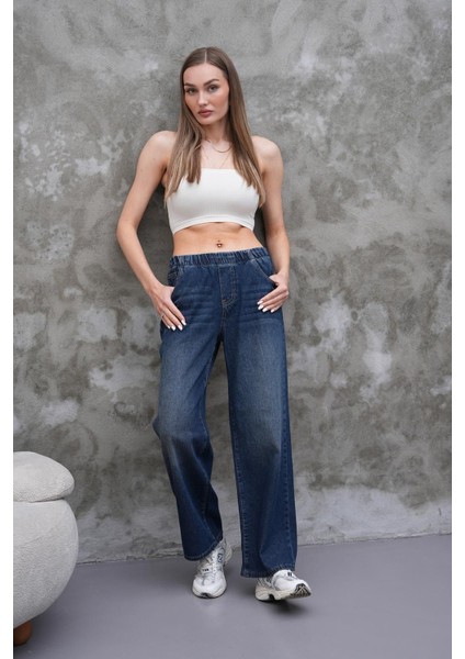 Kadın Salaş Paça Yüksek Lastikli Bel Jean Pantolon Lacivert fiyatları