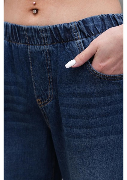 Kadın Salaş Paça Yüksek Lastikli Bel Jean Pantolon Lacivert modelleri