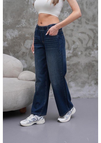 Kadın Salaş Paça Yüksek Lastikli Bel Jean Pantolon Lacivert fırsatları