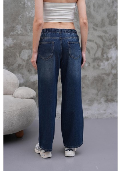 Kadın Salaş Paça Yüksek Lastikli Bel Jean Pantolon Lacivert indirimleri