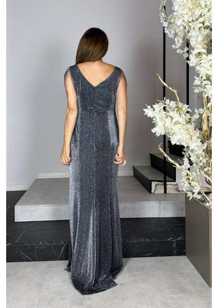 G1444 Taş Detaylı Simli Maksi Abiye Elbise Antrasit fiyatları