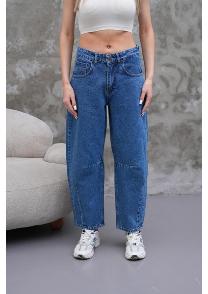 Mom Jean Yüksek Bel Bol Kesim Paça Pileli Esnek Kot Pantolon Mavi