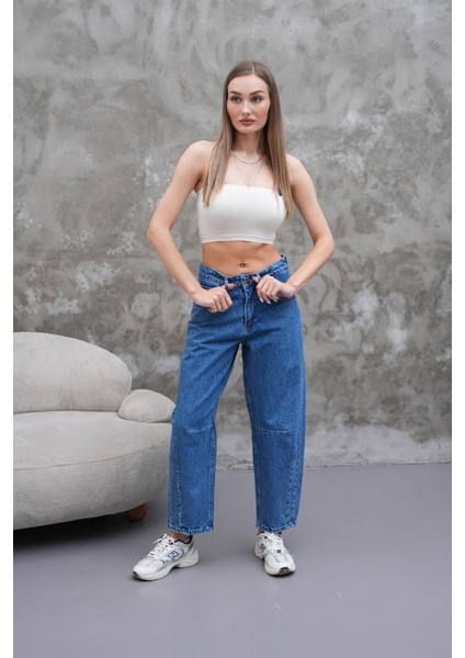 Mom Jean Yüksek Bel Bol Kesim Paça Pileli Esnek Kot Pantolon Mavi fiyatları