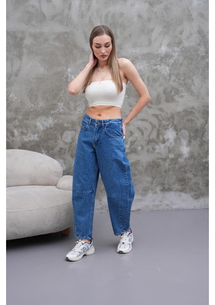 Mom Jean Yüksek Bel Bol Kesim Paça Pileli Esnek Kot Pantolon Mavi modelleri