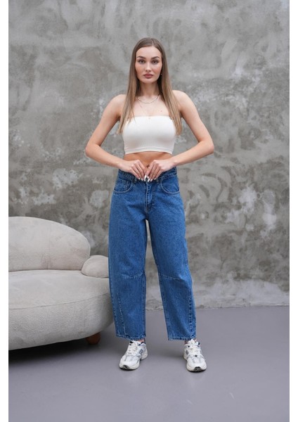 Mom Jean Yüksek Bel Bol Kesim Paça Pileli Esnek Kot Pantolon Mavi indirimleri