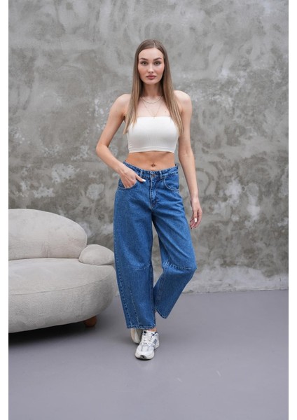 Mom Jean Yüksek Bel Bol Kesim Paça Pileli Esnek Kot Pantolon Mavi