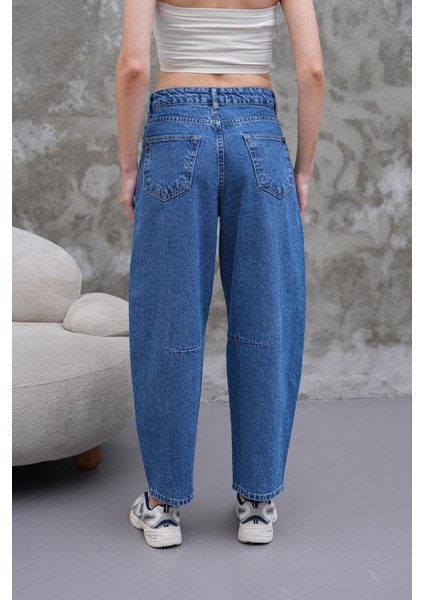 Mom Jean Yüksek Bel Bol Kesim Paça Pileli Esnek Kot Pantolon Mavi