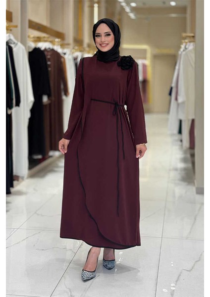 Gül Detaylı Elbise 3976 Bordo