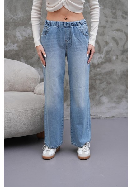 Kadın Salaş Paça Yüksek Lastikli Bel Jean Pantolon Mavi