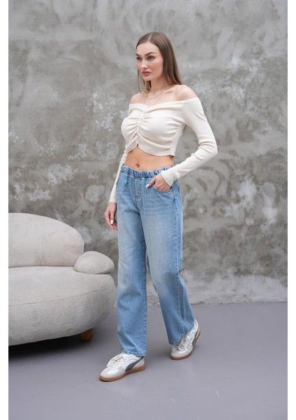 Kadın Salaş Paça Yüksek Lastikli Bel Jean Pantolon Mavi fiyatları