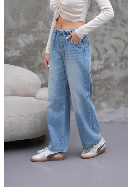 Kadın Salaş Paça Yüksek Lastikli Bel Jean Pantolon Mavi fırsatları