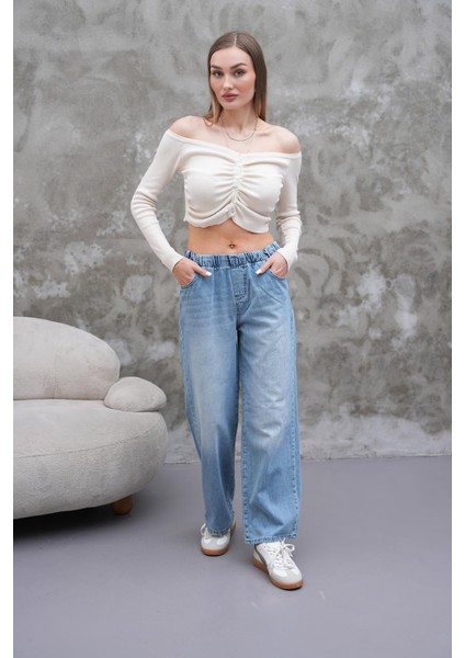 Kadın Salaş Paça Yüksek Lastikli Bel Jean Pantolon Mavi indirimleri