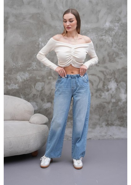 Kadın Salaş Paça Yüksek Lastikli Bel Jean Pantolon Mavi