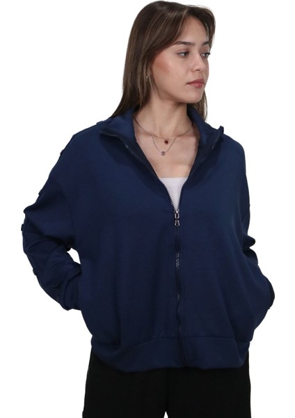 Kadın Modal Kumaş Dik Yaka Rahat Kalıp Lacivert Ceket Hırka