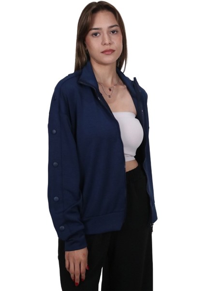 Kadın Modal Kumaş Dik Yaka Rahat Kalıp Lacivert Ceket Hırka fiyatları