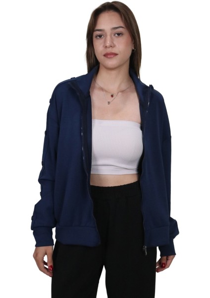 Kadın Modal Kumaş Dik Yaka Rahat Kalıp Lacivert Ceket Hırka modelleri