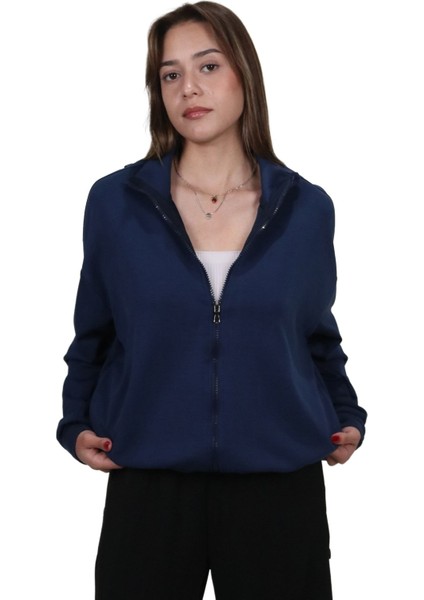 Kadın Modal Kumaş Dik Yaka Rahat Kalıp Lacivert Ceket Hırka fırsatları