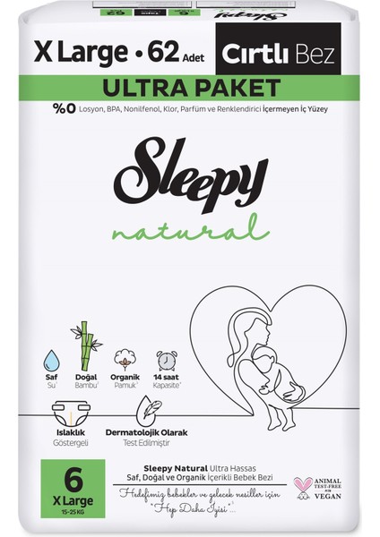 Bebek Bezi Natural Beden: 6 (15- 25KG) Extra Large 62 Adet Ultra Pk