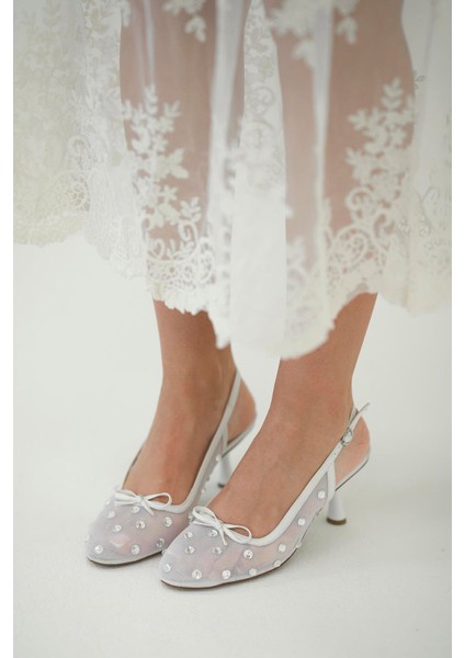 Bow Kadın Fiyonklu Taşlı File Abiye Ayakkabı Beyaz