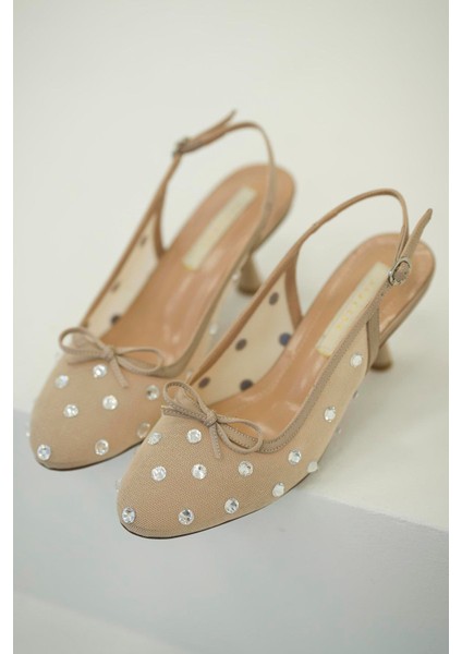 Bow Kadın Fiyonklu Taşlı File Abiye Ayakkabı Bej fırsatları