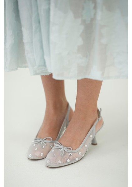 Bow Kadın Fiyonklu Taşlı File Abiye Ayakkabı Gümüş modelleri