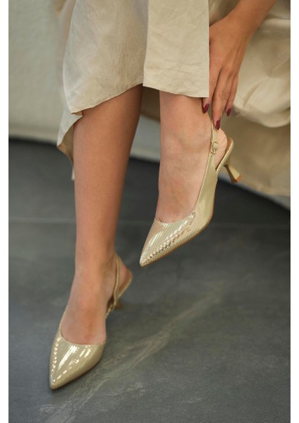 Delhi Kadın Alçak Topuklu Abiye Ayakkabı Altın modelleri