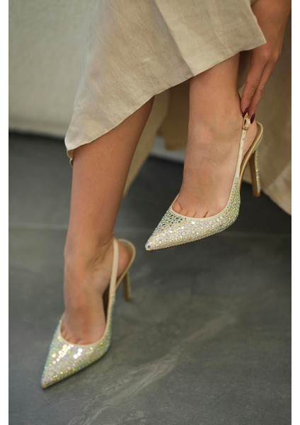 Sera Topuklu Taşlı Saten Abiye Ayakkabı Bej