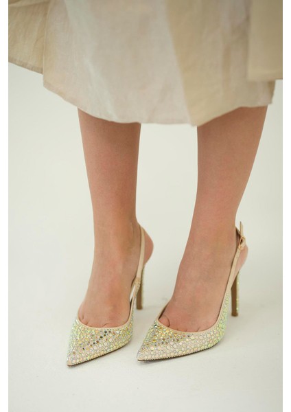 Sera Topuklu Taşlı Saten Abiye Ayakkabı Bej modelleri
