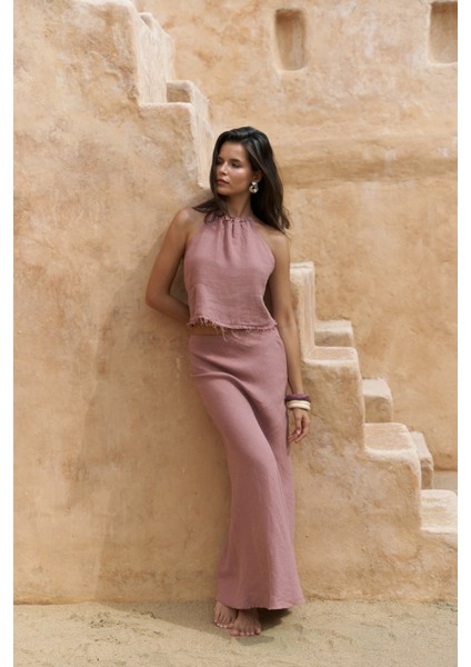 Malmvira Açık Bordo Keten Crop Etek Takım