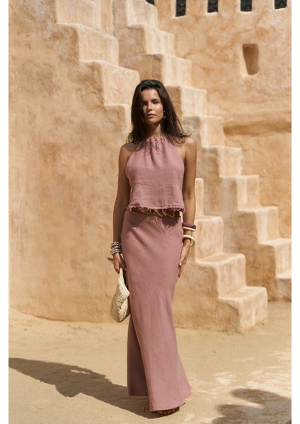 Malmvira Açık Bordo Keten Crop Etek Takım fiyatları