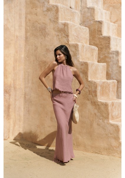 Malmvira Açık Bordo Keten Crop Etek Takım modelleri