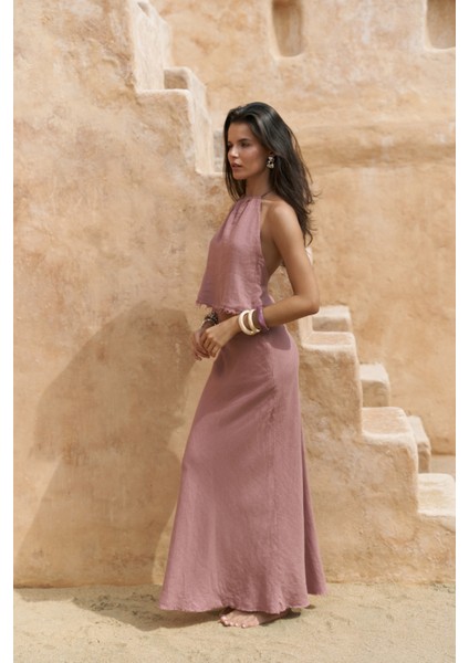 Malmvira Açık Bordo Keten Crop Etek Takım fırsatları