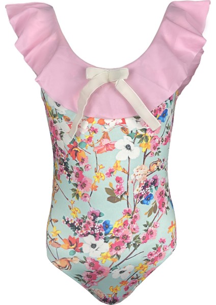 Çiçek Desenli Fırfırlı Fiyonk Detaylı 50UV Kız Çocuk Mayo