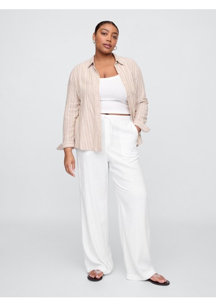 Kadın Beyaz Mid Rise Keten Karışımlı Pull-On Wide-Leg Pantolon fırsatları