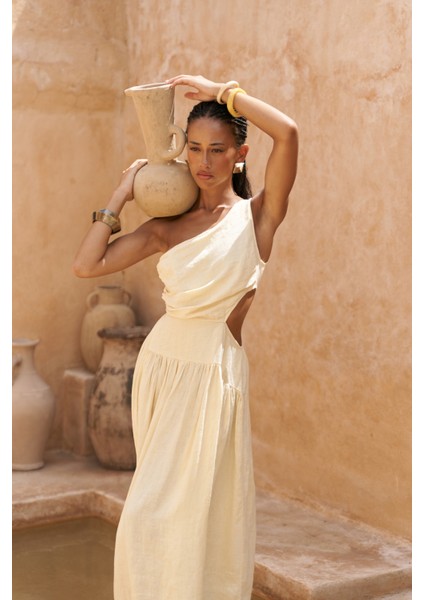 Mharia Asimetrik Detay Sarı Uzun Keten Elbise