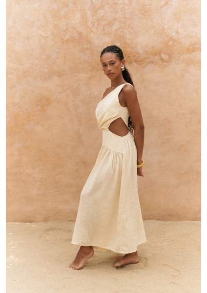 Mharia Asimetrik Detay Sarı Uzun Keten Elbise fiyatları