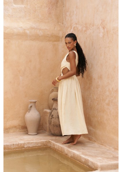 Mharia Asimetrik Detay Sarı Uzun Keten Elbise modelleri