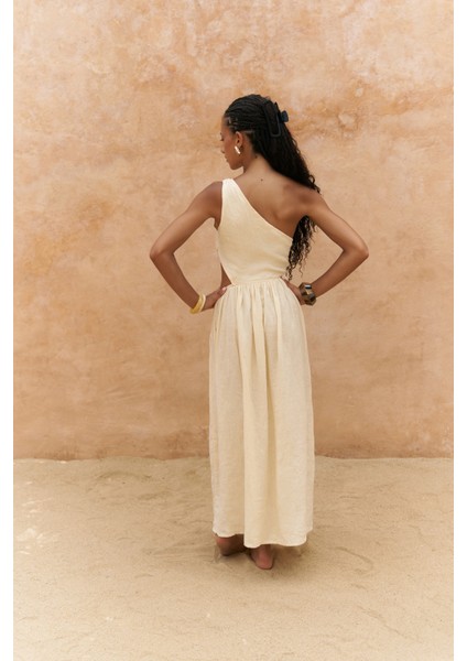 Mharia Asimetrik Detay Sarı Uzun Keten Elbise fırsatları