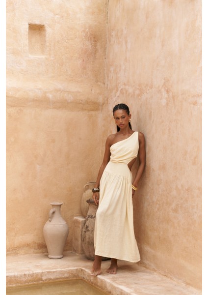 Mharia Asimetrik Detay Sarı Uzun Keten Elbise indirimleri